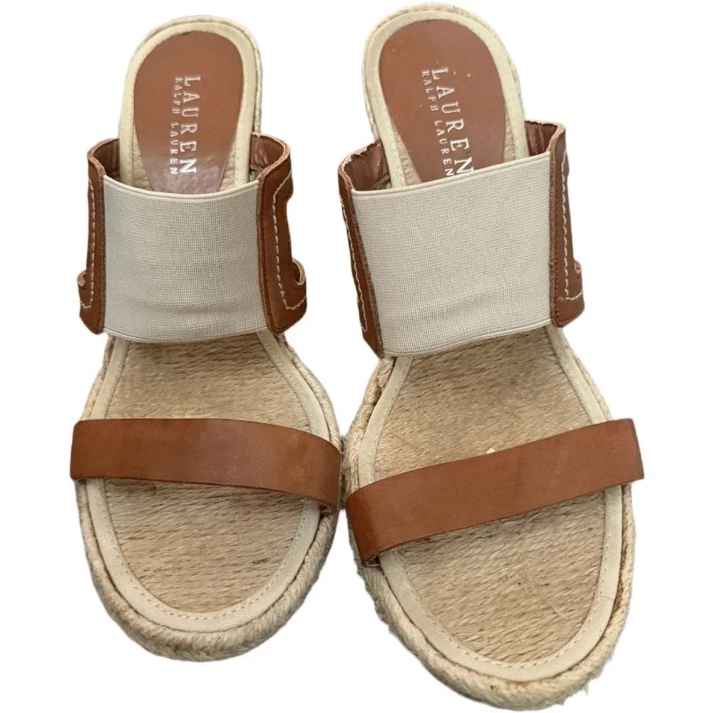 Lauren Ralph Lauren Espadrille Wedge Sandals Size 10 Taupe Brown Leather Heels